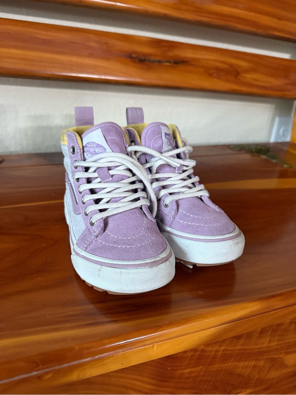 Vans Lilac and White High-Top Kids Sneakers with Yellow Accent